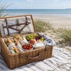 Picnic hamper on a blanket in the dunes of a Normandy beach