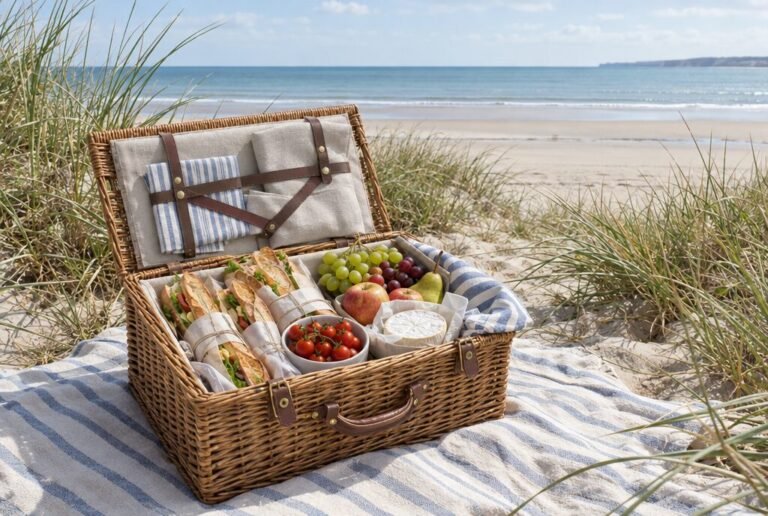 Picknickkorb auf einer Decke in den Dünen eines Strandes in der Normandie