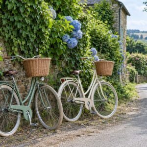 Two bicycles against a stone wall on a Normandy country lane