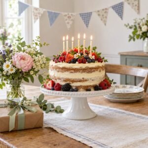 Celebration cake with candles, gift and garland