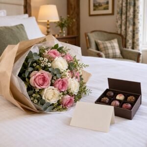 Flowers and chocolates on arrival