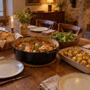 Family-style homemade dinner on a wooden table