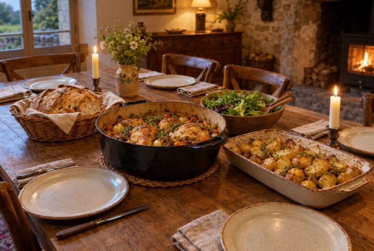 Hausgemachtes Abendessen im Familienstil auf einem Holztisch