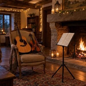 Guitar and violin by the fireplace for a private concert