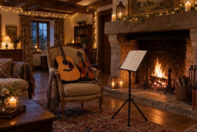 Guitar and violin by the fireplace for a private concert