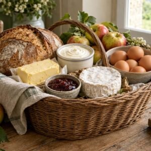Basket of Normandy farm products: bread, butter, cream, cheese and jam