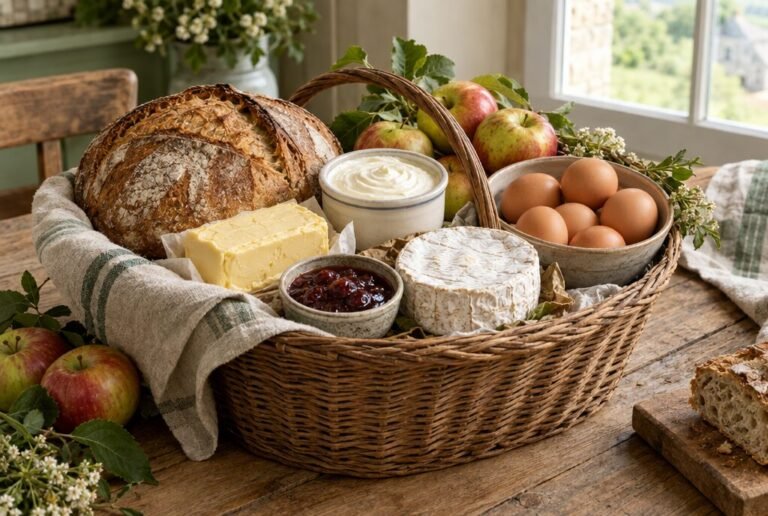 Korb mit Hofprodukten aus der Normandie: Brot, Butter, Sahne, Käse und Marmelade