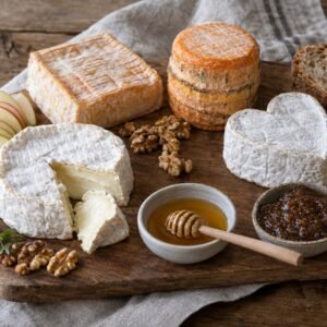Board of Normandy cheeses with apples, walnuts and bread