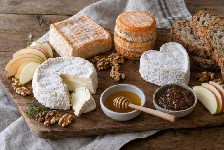 Platte mit Käse aus der Normandie, Äpfeln, Walnüssen und Brot