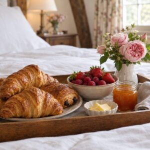 Breakfast tray with croissants, berries and roses served on the bed