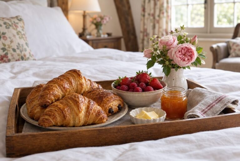 Breakfast tray with croissants, berries and roses served on the bed