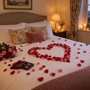 Rose petals, candles and chocolates in a guesthouse bedroom