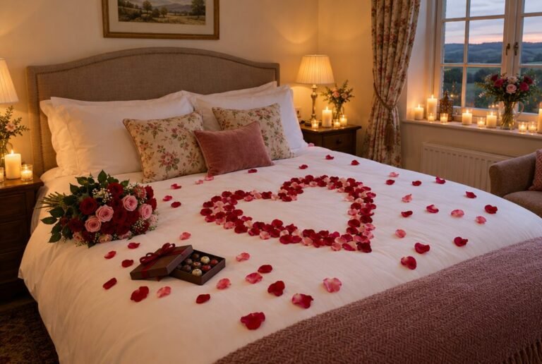 Rose petals, candles and chocolates in a guesthouse bedroom