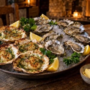 Scallops in their shells and fresh oysters with lemon