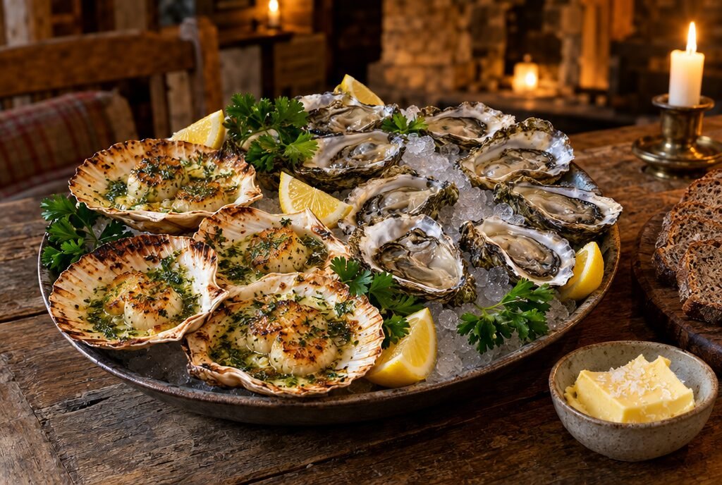 Scallops in their shells and fresh oysters with lemon
