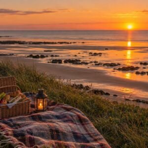 Blanket, lantern and picnic hamper on the dunes above the beach at sunset