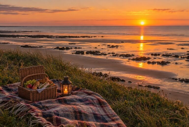 Blanket, lantern and picnic hamper on the dunes above the beach at sunset