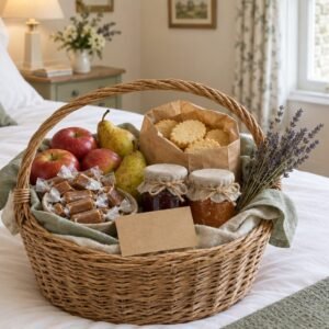 Welcome basket with local caramels, fresh fruit and homemade jam on the bed