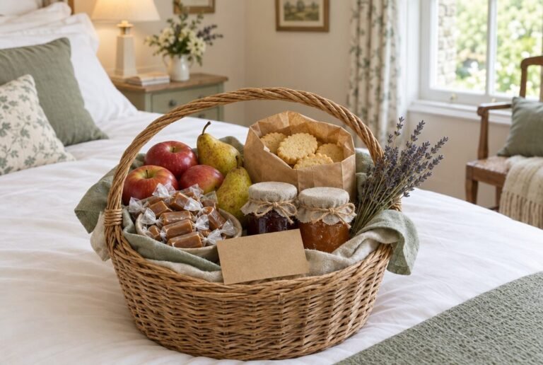 Willkommenskorb mit regionalen Karamellbonbons, frischem Obst und hausgemachter Marmelade auf dem Bett